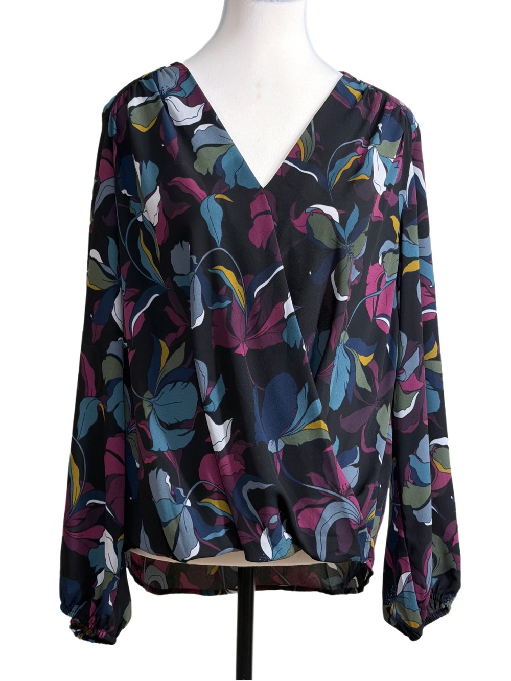 INC International Concepts Black Floral Wrap Blouse
